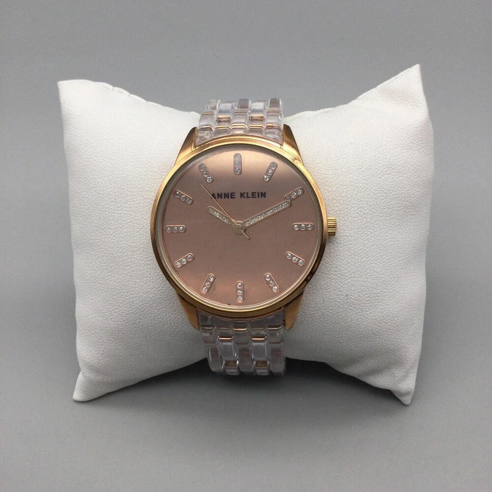 Anne Klein Womens Watch 36mm Rose Gold Dial Clear Resin Bracelet New Battery 6